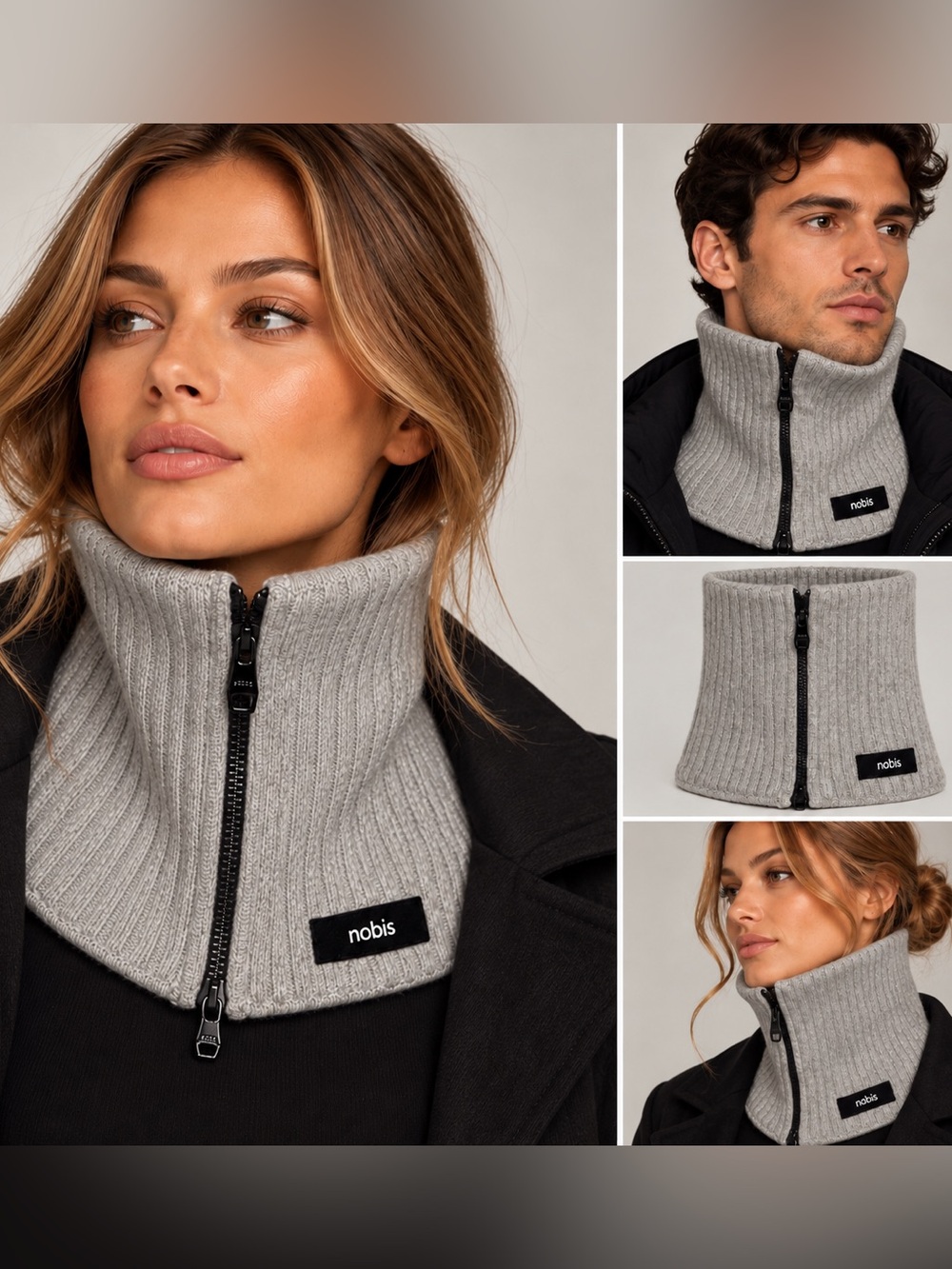 Nobis Axon 100% Merino Wool Zip Neck Warmer Scarf Gravel NWT